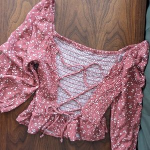 Pink Smocked Front /Lace Up Back /Cropped Top